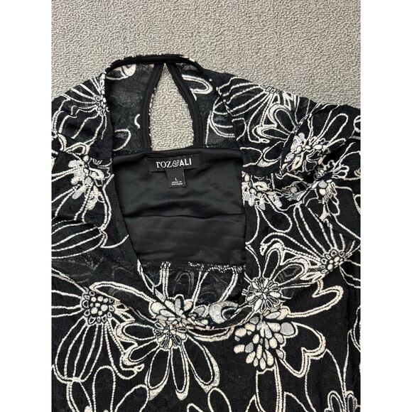 NWT Roz & Ali Dress Black White Embroidered Floral Mini Size Large - Picture 6 of 9